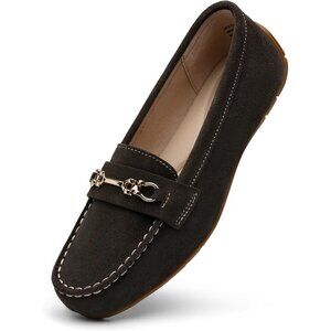 Kordal Women's Coffee Leather Gold Accent Buckle Slip-Ons Comfortable Loafers